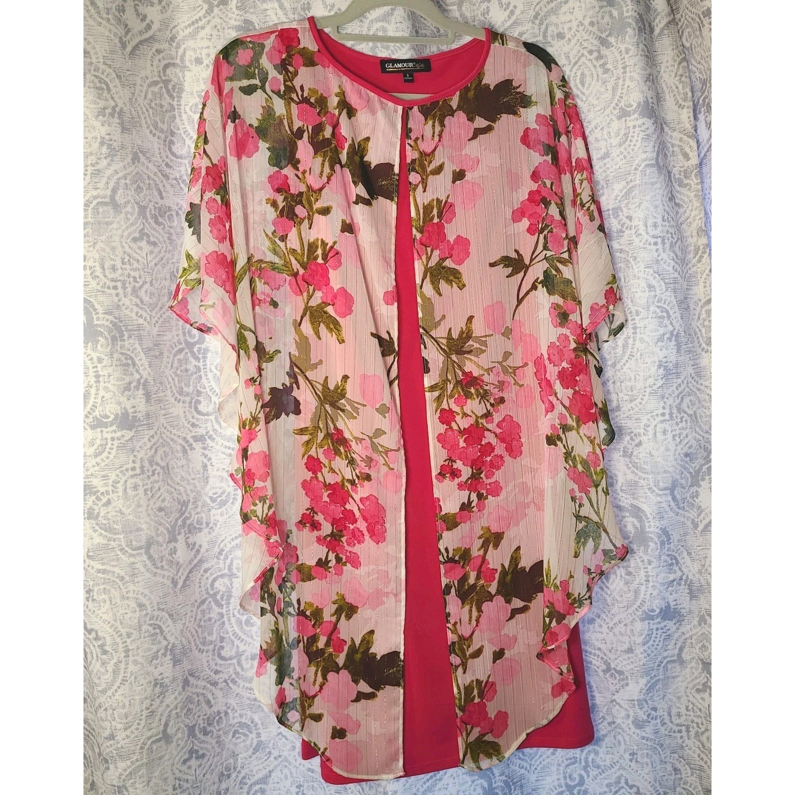 Glamour Nights Pink Floral Overlay Dress Sz 6 Chiffon Gold Shimmer Midi Unique